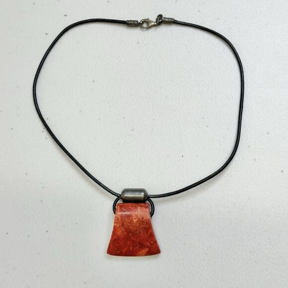 Silpada Vintage Sterling Silver and Red Sponge Coral on Leather Necklace 16 In - Picture 2 of 5